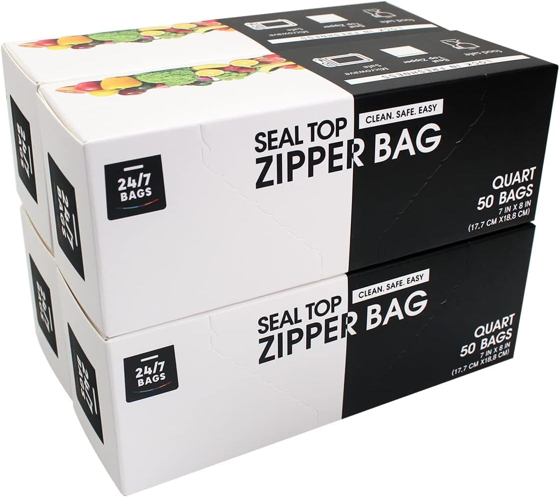 24/7 Bags- Quart Zip Storage Bags, 200 Count, Double Zipper Seal, Easy Grip Open Tabs, Write-On Space, BPA-Free & Heavy Duty, Microwave Safe, Non-StandUp Two Hundred Quart Zip Bags - Image 1