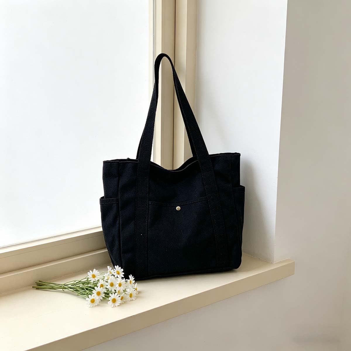 Black Casual Tote with Front and Inner Pockets