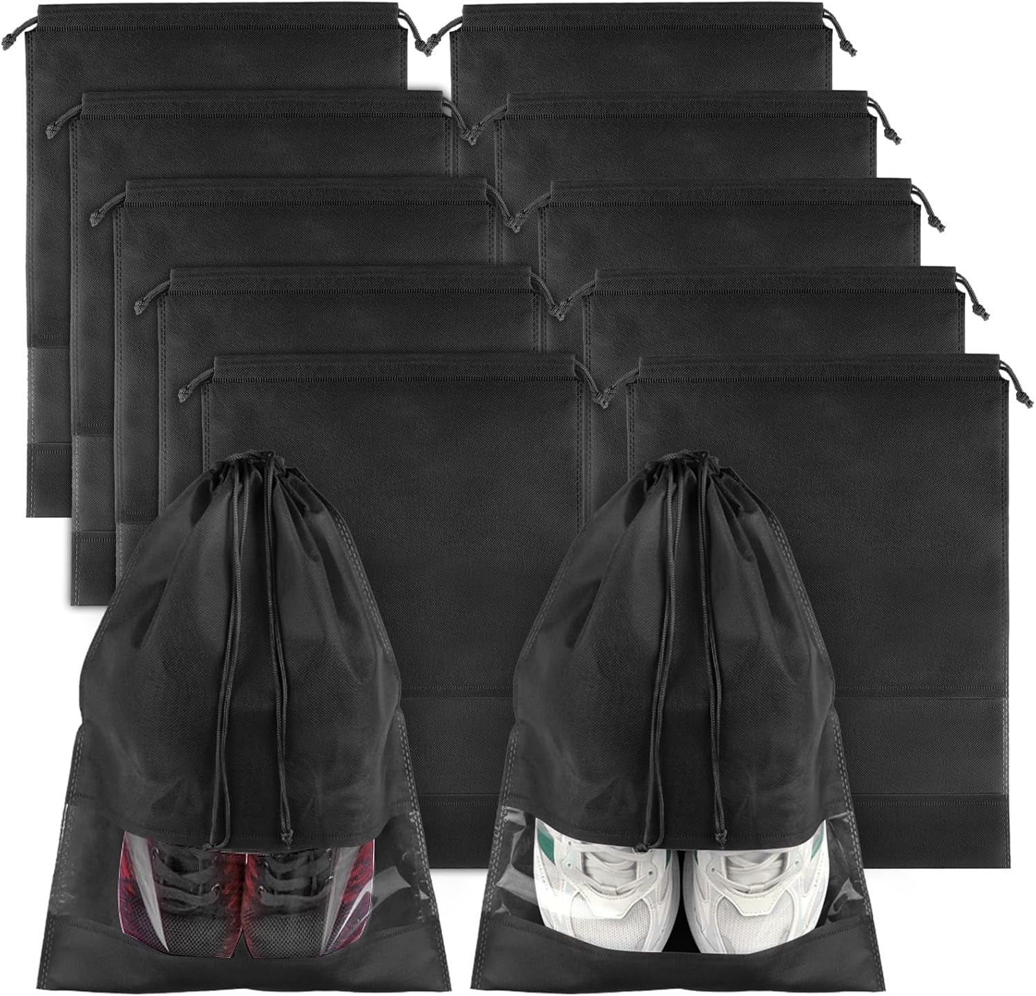 Black Travel Shoe Bags – 10 Pcs Non-Woven Packing Bags with Clear Window | 15.7″ x 11.8″ Waterproof Dustproof Portable Travel Shoe Storage Bag for Men and Women Ten Travel Shoe Bags with Window - Image 1