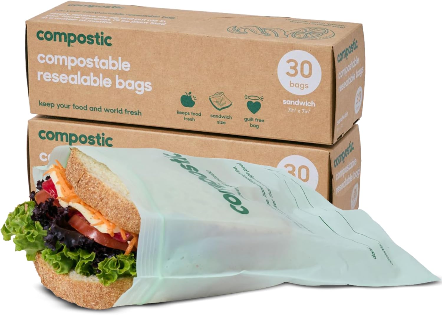 Compostic Compostable XL Sandwich Bags, 60 Ct Starter, Zip-Seal | Zip-Seal, Freezer & Microwave Safe, Home Compostable, BPA & GMO Free, DIN CERTCO Certified Sixty Compostable Sandwich Bags - Image 1