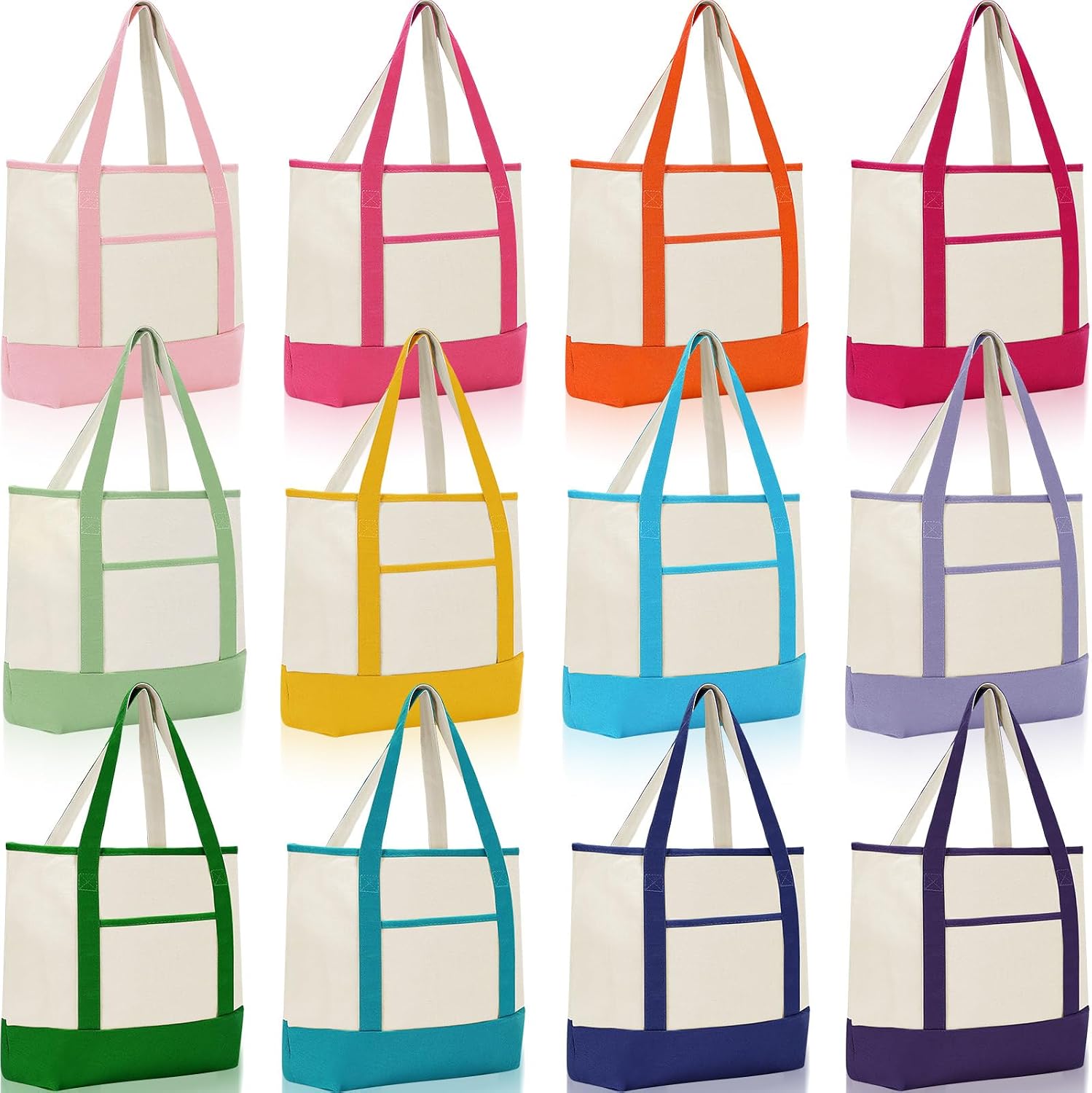 Cotton Canvas Totes with Outer Pockets, 12 Pack