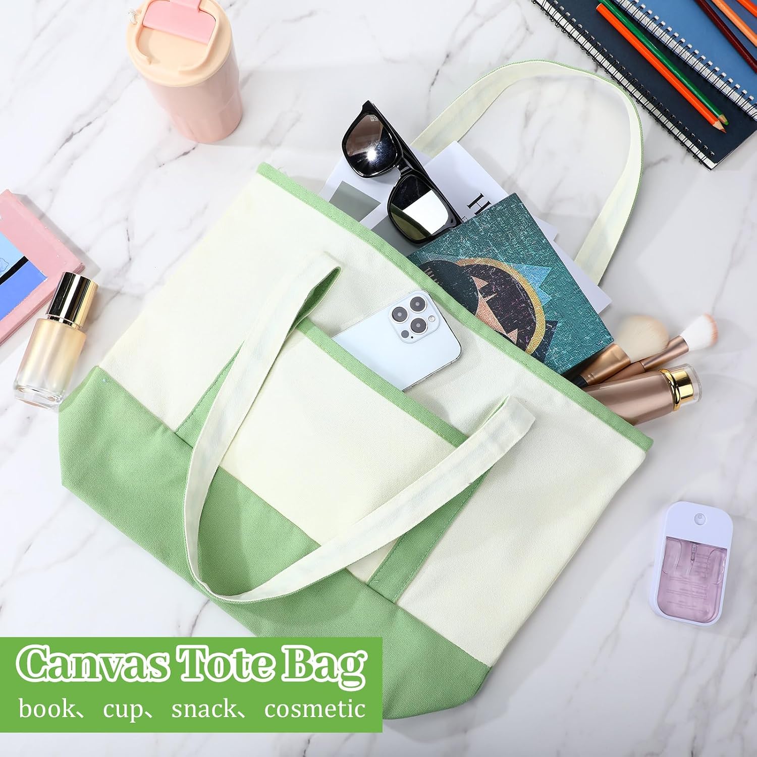 Cotton Canvas Totes with Outer Pockets, 12 Pack