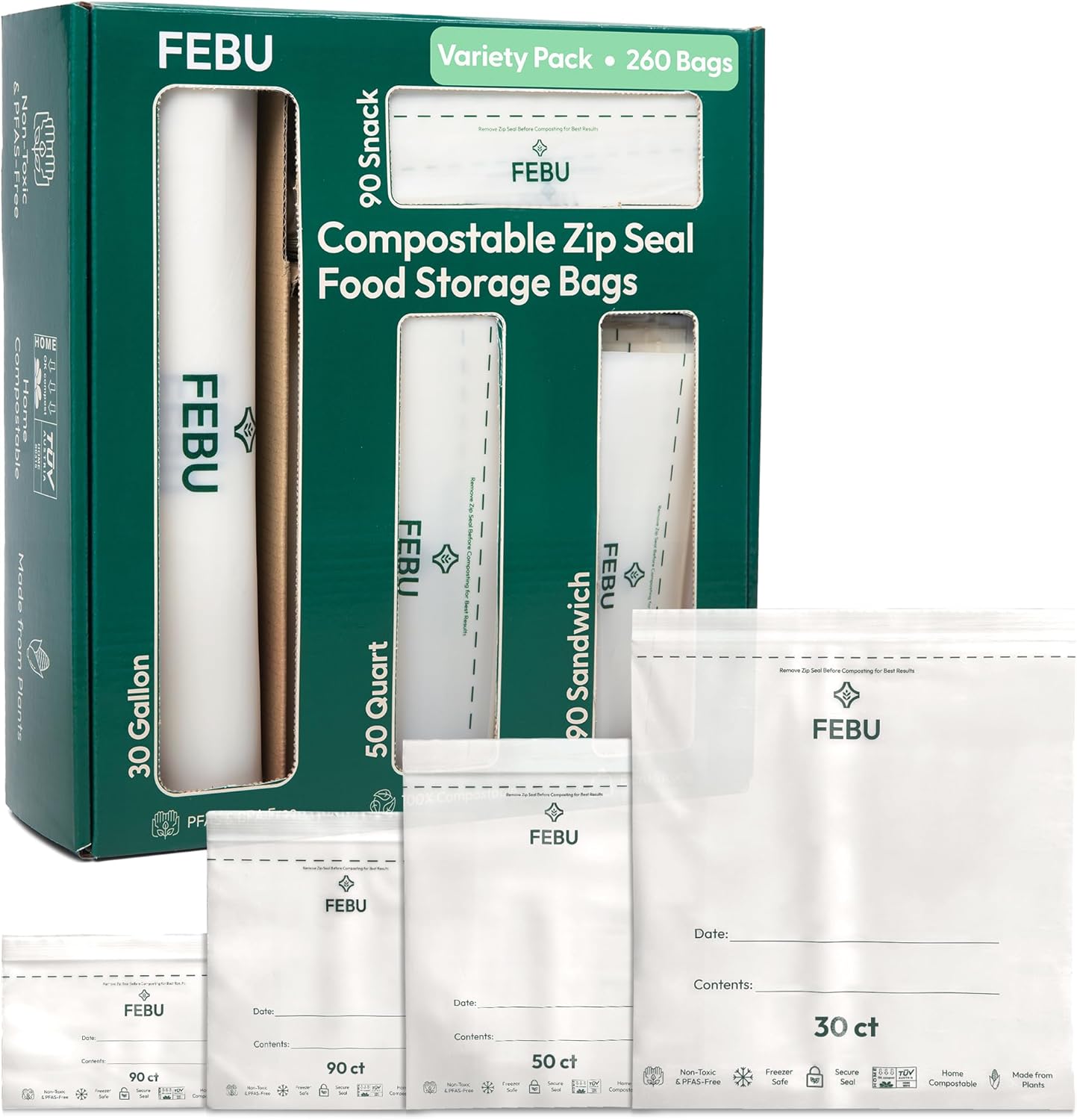 FEBU Compostable Food Storage Bags Variety Pack, 260 Count | Compostable & Biodegradable, PFAS & BPA Free, Drawer Organizer Box, 90 Snack, 90 Sandwich, 50 Quart, 30 Gallon Compostable Food Storage Bag Pack - Image 1