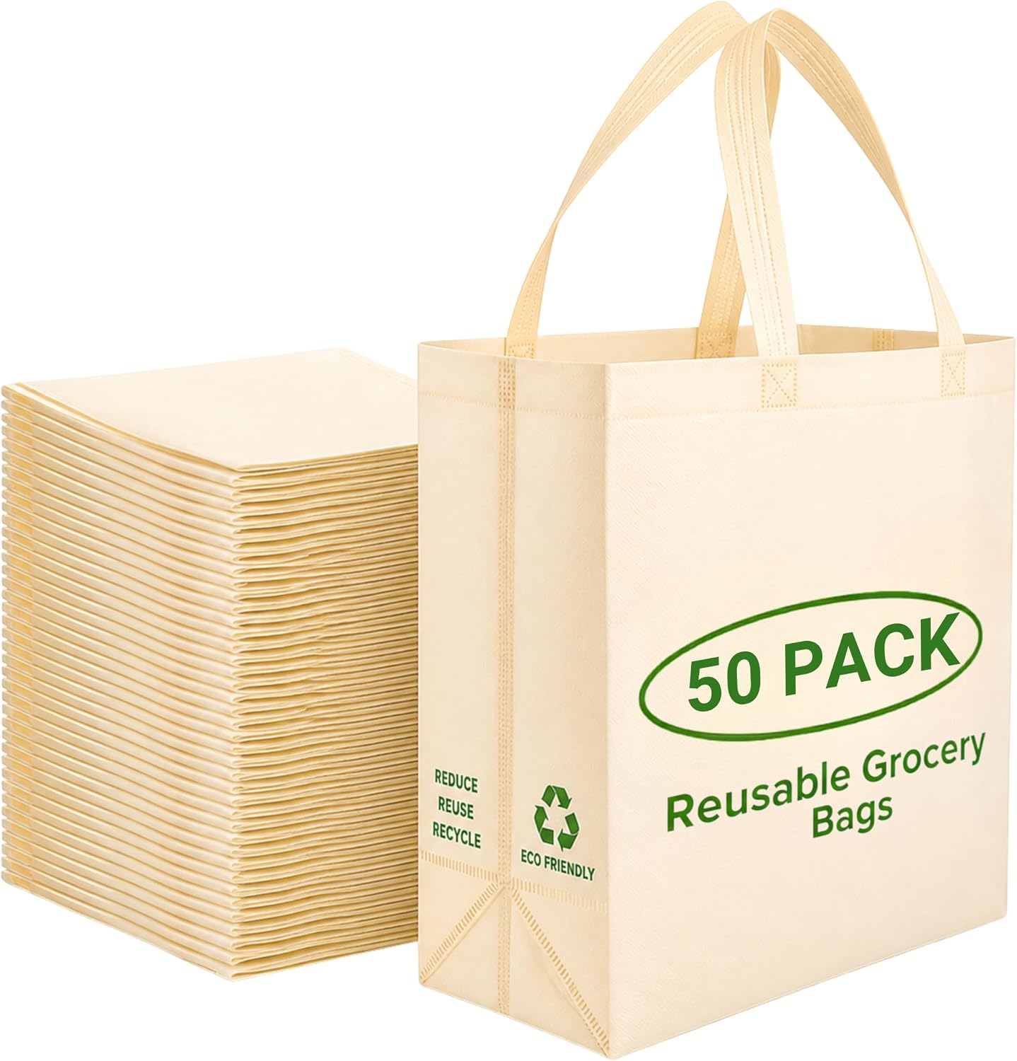 Heavy-Duty Non-Woven Shopping Totes in Cream, 50 Pack