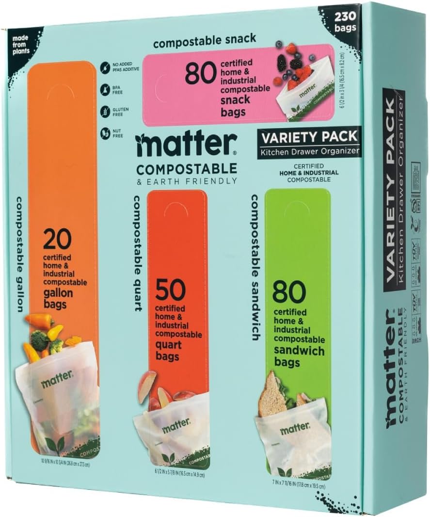 Matter Compostable Resealable Bags, Snack, Sandwich, Quart, Gallon 230 Ct | Resealable Variety Pack of Kitchen Bags, BPA-Free, Made From Plants, Freezer Safe, 80 Snack, 80 Sandwich, 50 Quart, 230 Count Compostable Resealable Bag Variety - Image 1